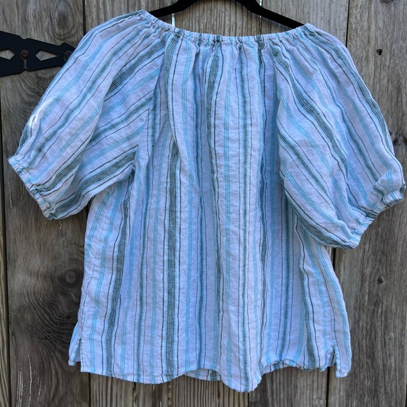 TALBOTS White and Turquiose Striped 100% Linen Blouse Top Women’s Medium Petite - Picture 10 of 11
